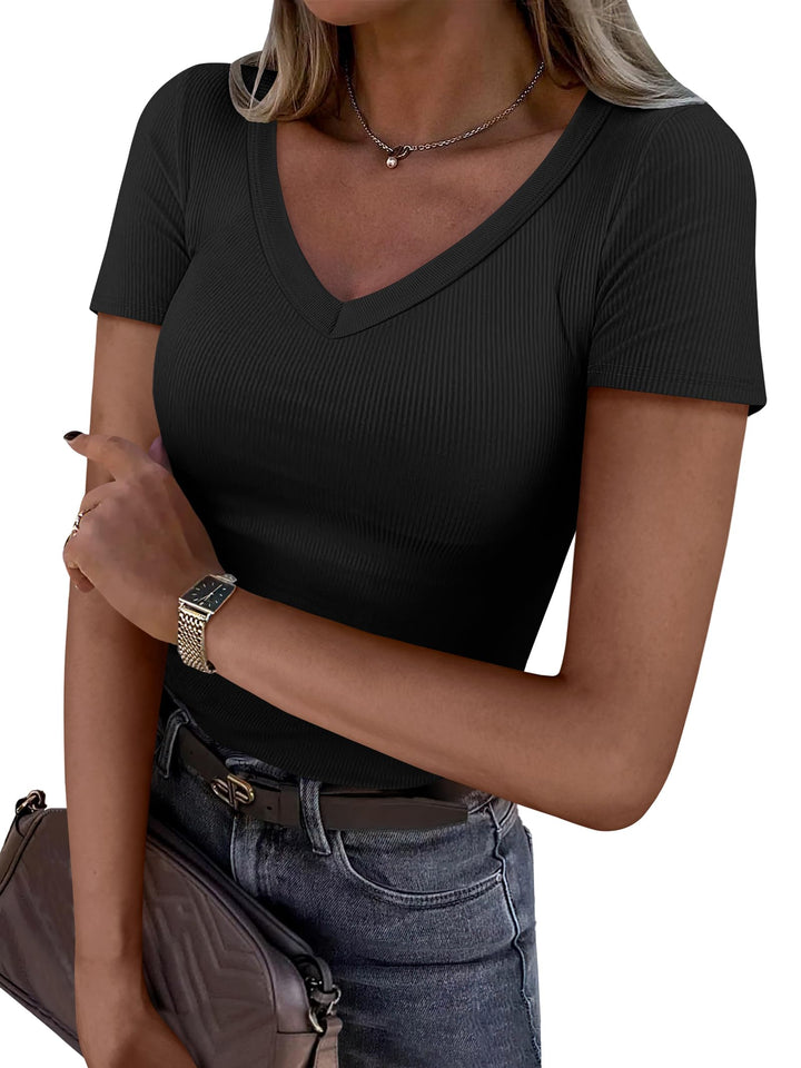 ANRABESS Fitted Ribbed V-Neck Short Sleeve Top