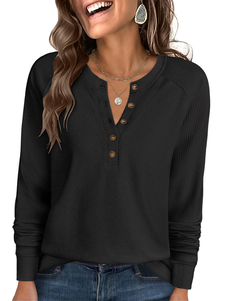 ANRABESS Long Sleeve Waffle Knit Shirts for Women Spring Fall Dressy Casual Button Up V Neck Henley Tops Loose Basic Tees Winter Clothes