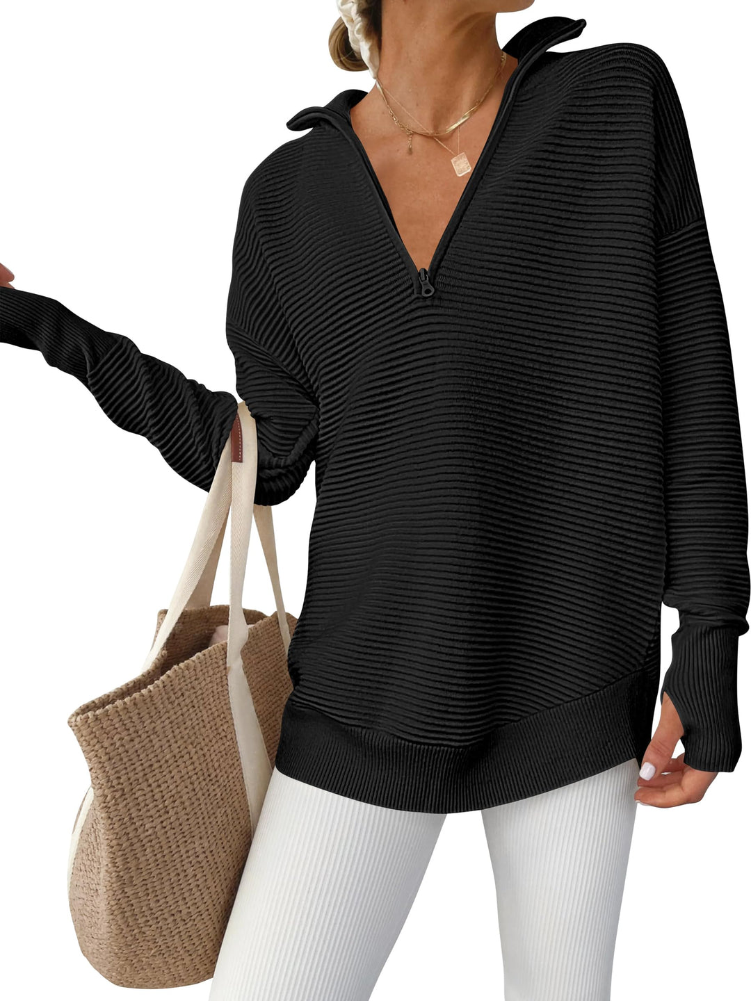 ANRABESS Women's Quarter Zip V-Neck Ribbed Sweater