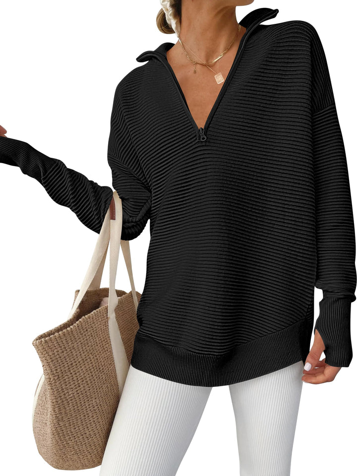 ANRABESS Women's Quarter Zip V-Neck Ribbed Sweater