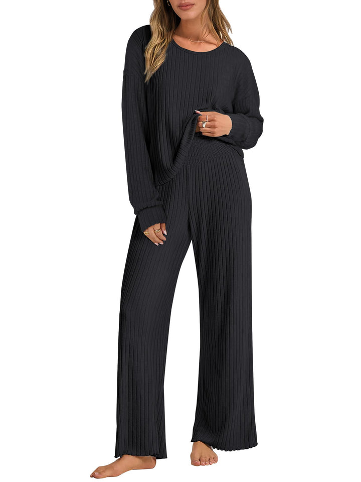 ANRABESS Women 2 Piece Lounge Pajamas Sets Casual Ribbed Knit Long Sleeve Top Pants Matching Set 2026 Fall Outfits Clothes