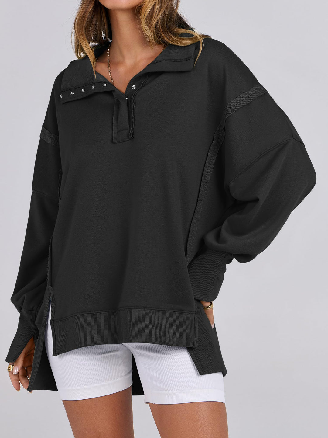 ANRABESS Women's Oversized Button-Up Henley Sweatshirt