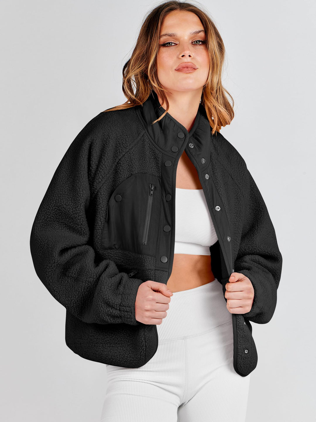 ANRABESS Women's Cropped Sherpa Shacket with Pockets