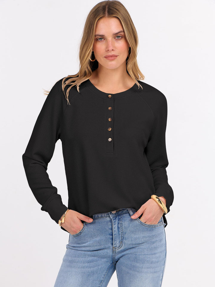 ANRABESS Long Sleeve Waffle Knit Shirts for Women Spring Fall Dressy Casual Button Up V Neck Henley Tops Loose Basic Tees Winter Clothes
