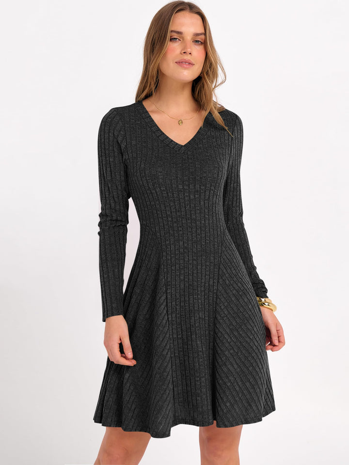 ANRABESS Women's Ribbed V-Neck Swing Sweater Dress
