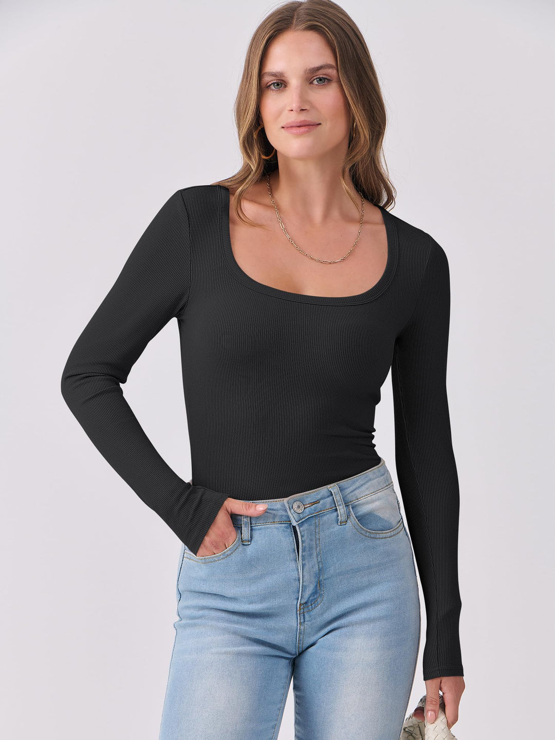 ANRABESS Long Sleeve Shirts for Women Ribbed Knit Slim Fitted Casual Tops Scoop Neck Basic Tee Spring Fall Fashion Clothes