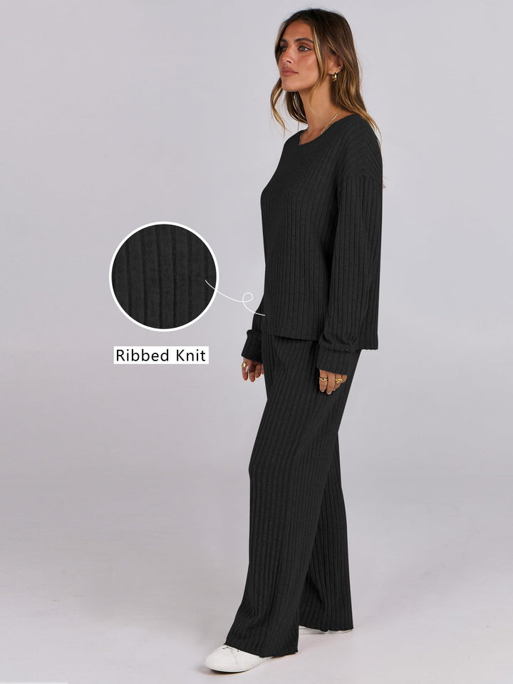 ANRABESS Women 2 Piece Lounge Pajamas Sets Casual Ribbed Knit Long Sleeve Top Pants Matching Set 2026 Fall Outfits Clothes