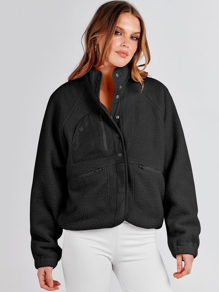 ANRABESS Women's Cropped Sherpa Shacket with Pockets