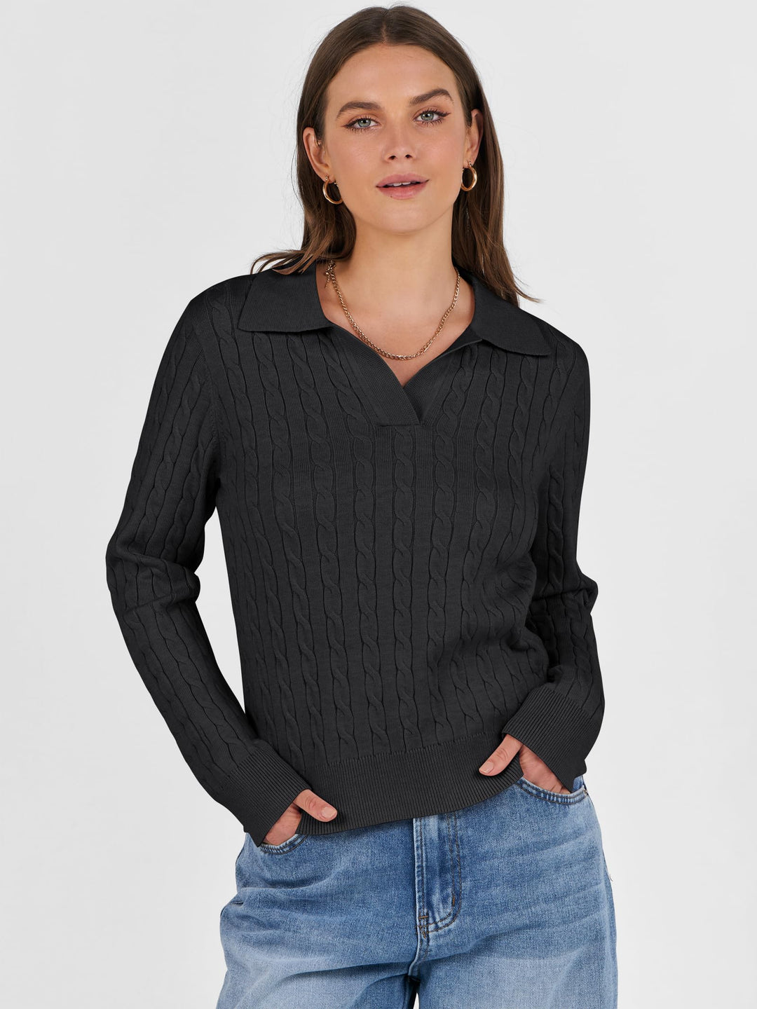 ANRABESS Women's Cable Knit V-Neck Long Sleeve Sweater