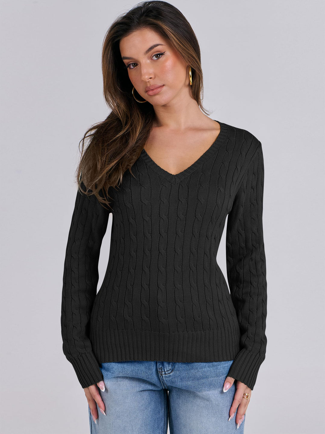 ANRABESS Women's Cable Knit V-Neck Fitted Sweater