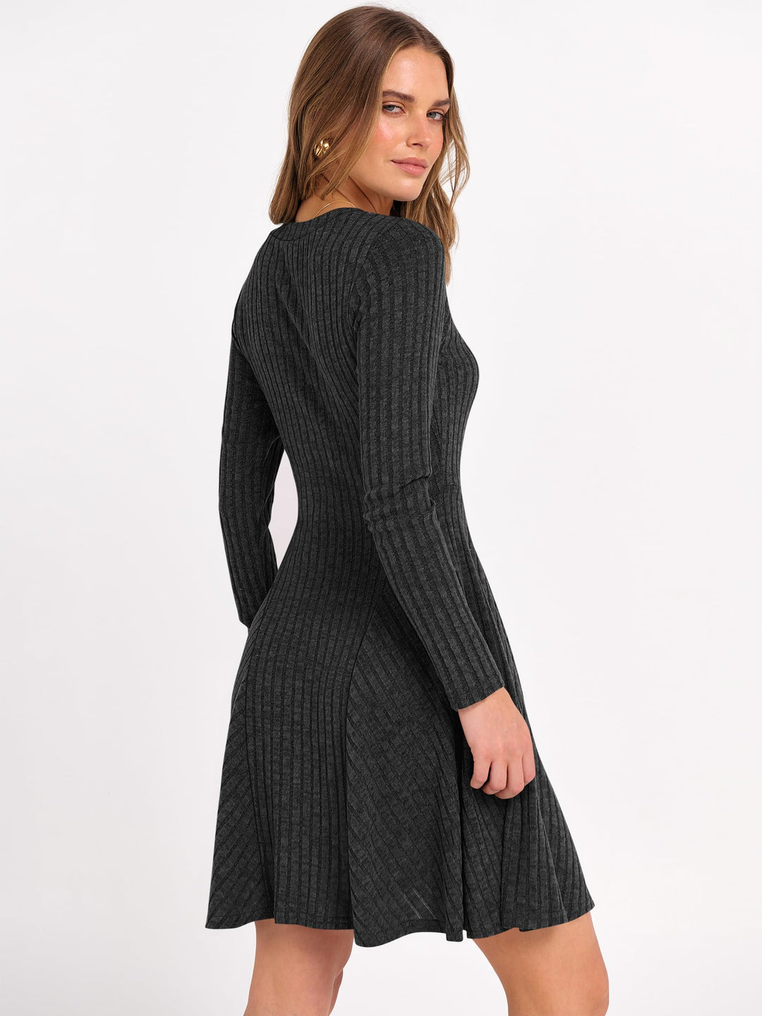 ANRABESS Women's Ribbed V-Neck Swing Sweater Dress
