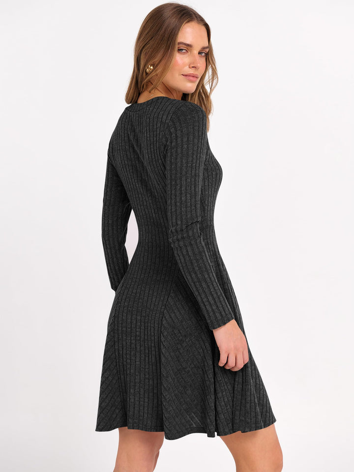 ANRABESS Women's Ribbed V-Neck Swing Sweater Dress