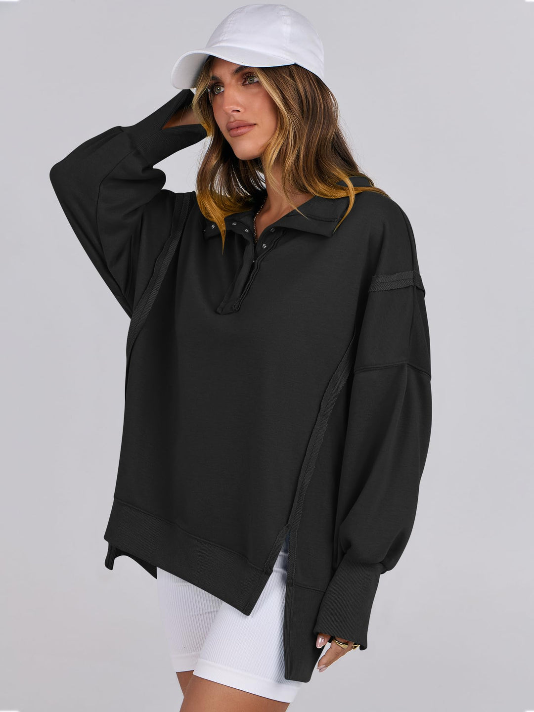 ANRABESS Women's Oversized Button-Up Henley Sweatshirt