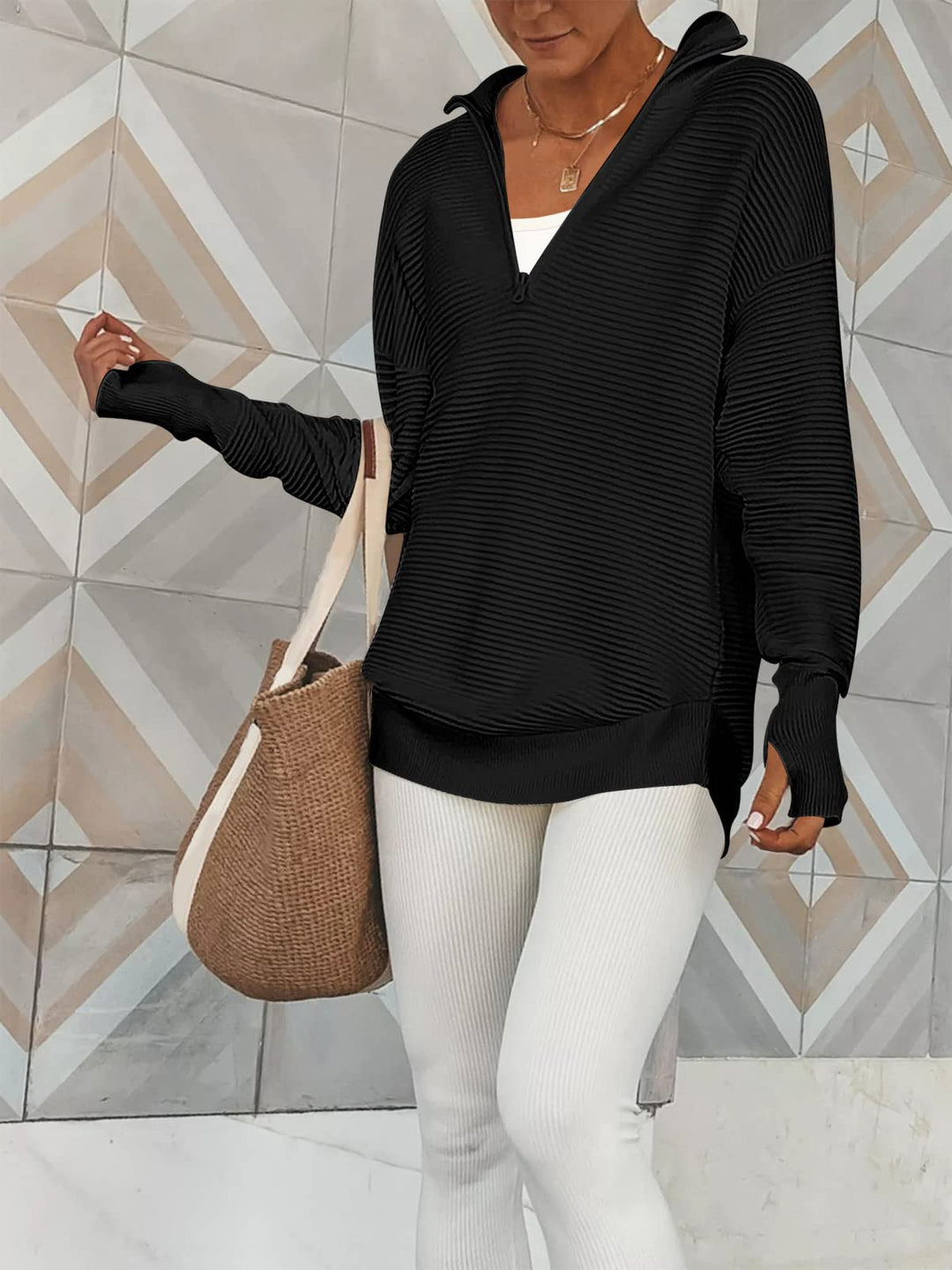 ANRABESS Women's Quarter Zip V-Neck Ribbed Sweater