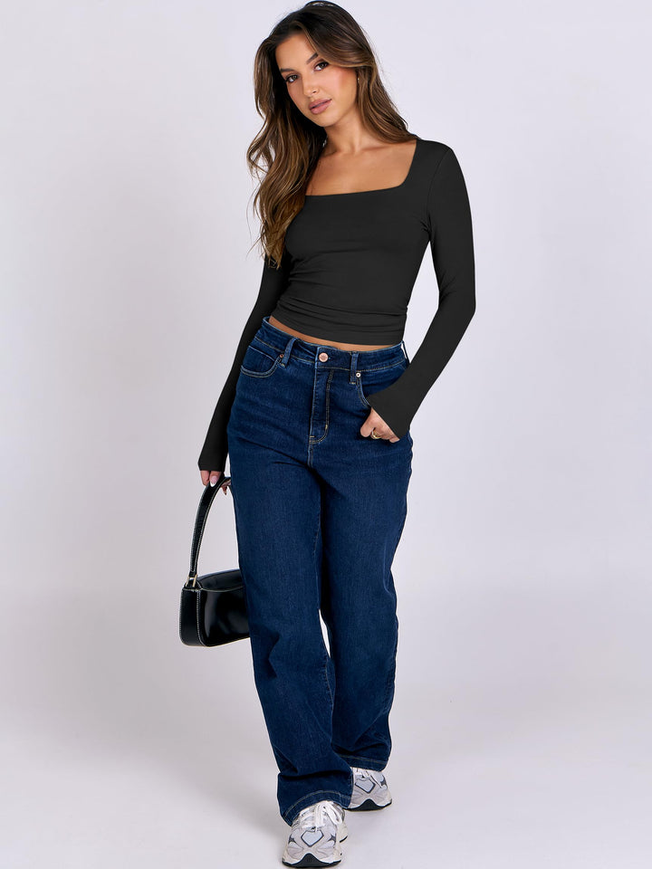 ANRABESS Women's Double Lined Square Neck Crop Top