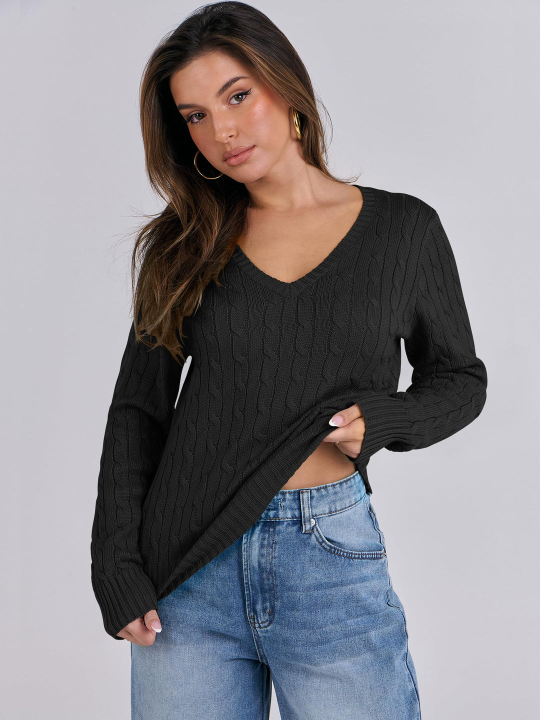 ANRABESS Women's Cable Knit V-Neck Fitted Sweater
