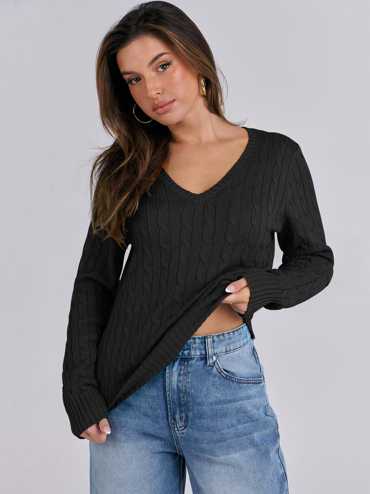 ANRABESS Women's Cable Knit V-Neck Fitted Sweater