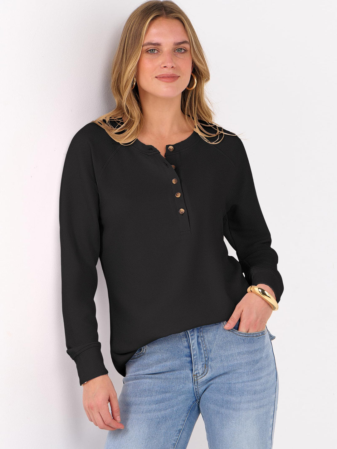 ANRABESS Long Sleeve Waffle Knit Shirts for Women Spring Fall Dressy Casual Button Up V Neck Henley Tops Loose Basic Tees Winter Clothes