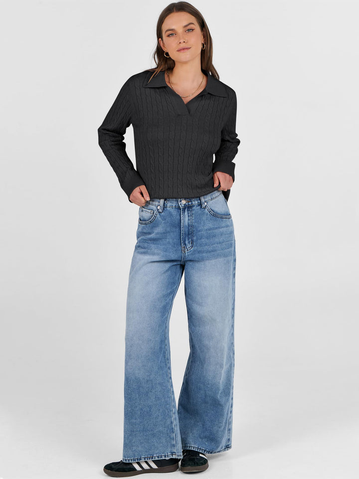 ANRABESS Women's Cable Knit V-Neck Long Sleeve Sweater
