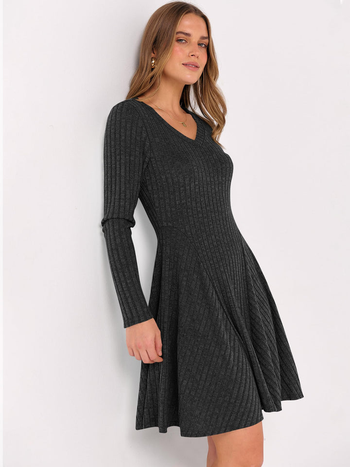 ANRABESS Women's Ribbed V-Neck Swing Sweater Dress