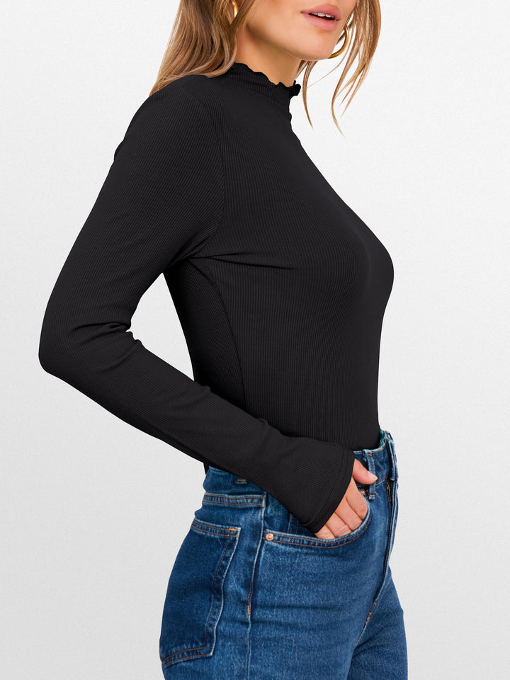 ANRABESS Women's Lettuce Trim Mock Neck Ribbed Top