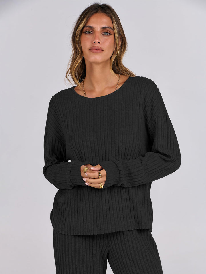 ANRABESS Women 2 Piece Lounge Pajamas Sets Casual Ribbed Knit Long Sleeve Top Pants Matching Set 2026 Fall Outfits Clothes