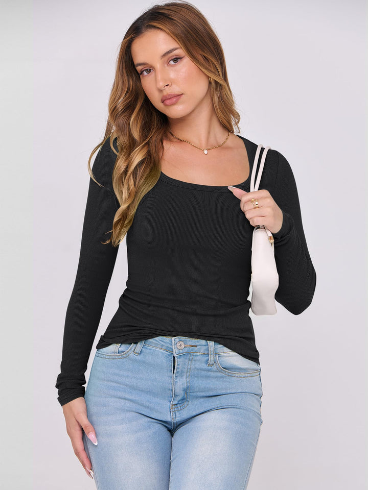 ANRABESS Long Sleeve Shirts for Women Ribbed Knit Slim Fitted Casual Tops Scoop Neck Basic Tee Spring Fall Fashion Clothes