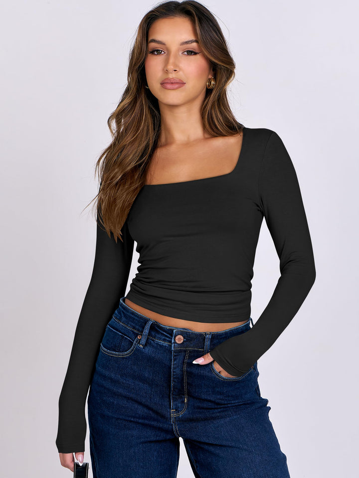 ANRABESS Women's Double Lined Square Neck Crop Top