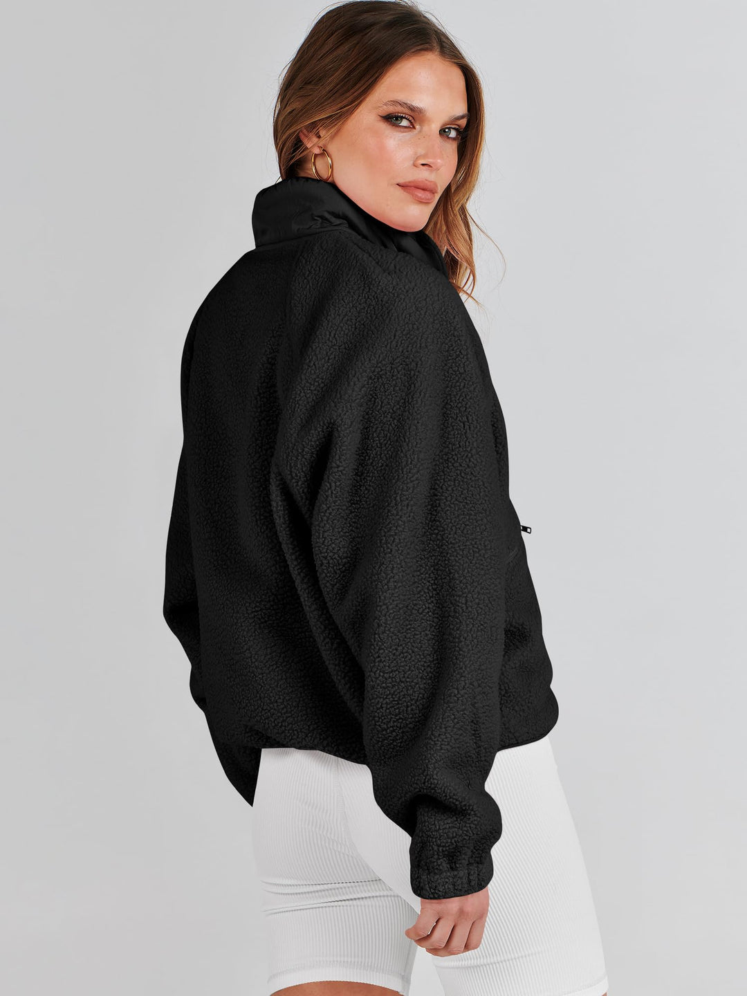 ANRABESS Women's Cropped Sherpa Shacket with Pockets
