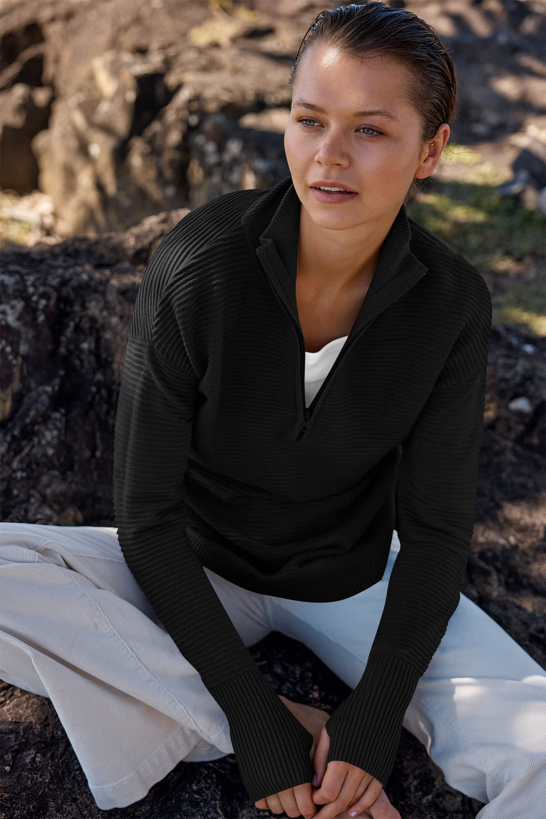 ANRABESS Women's Quarter Zip V-Neck Ribbed Sweater