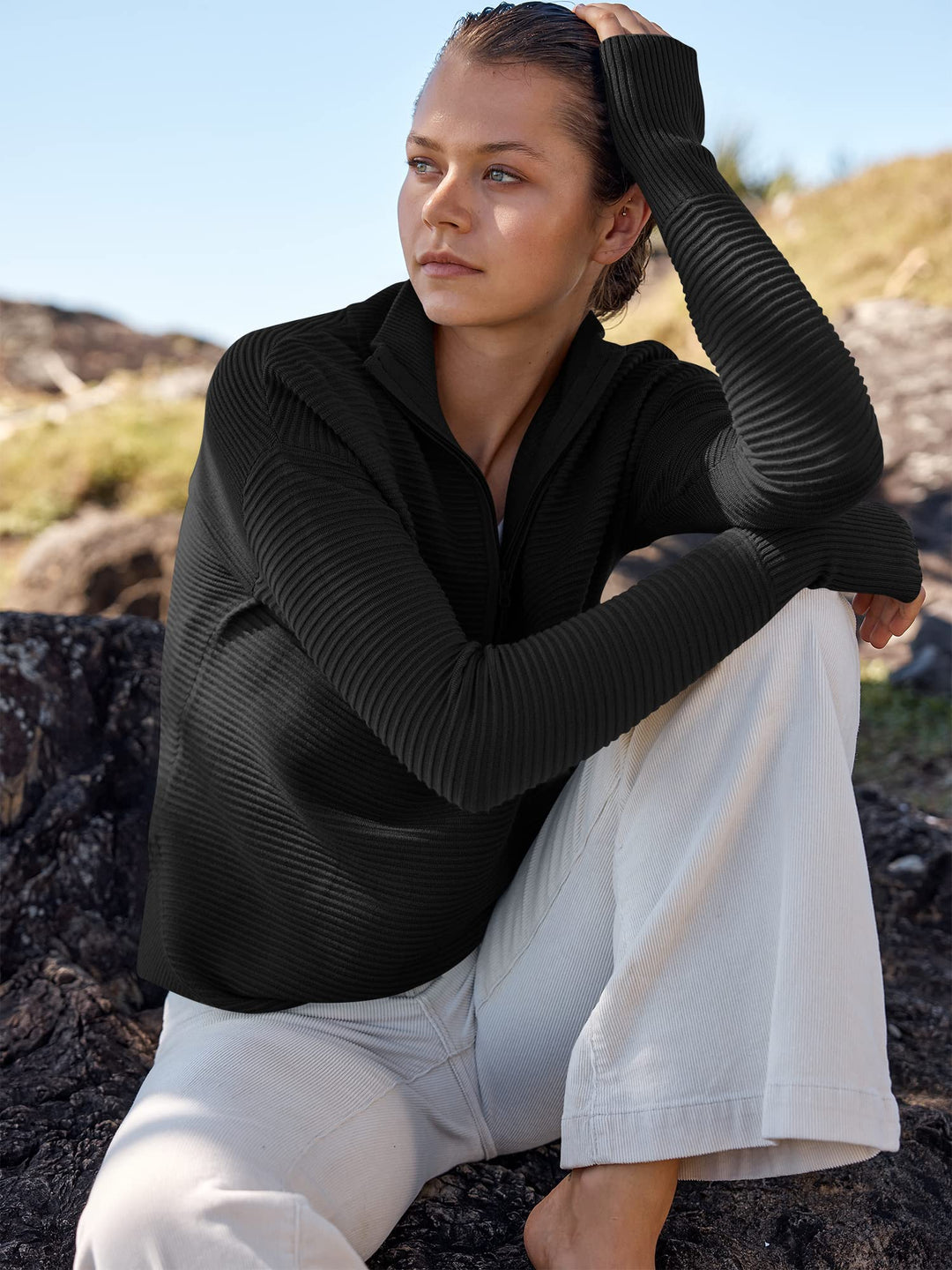 ANRABESS Women's Quarter Zip V-Neck Ribbed Sweater
