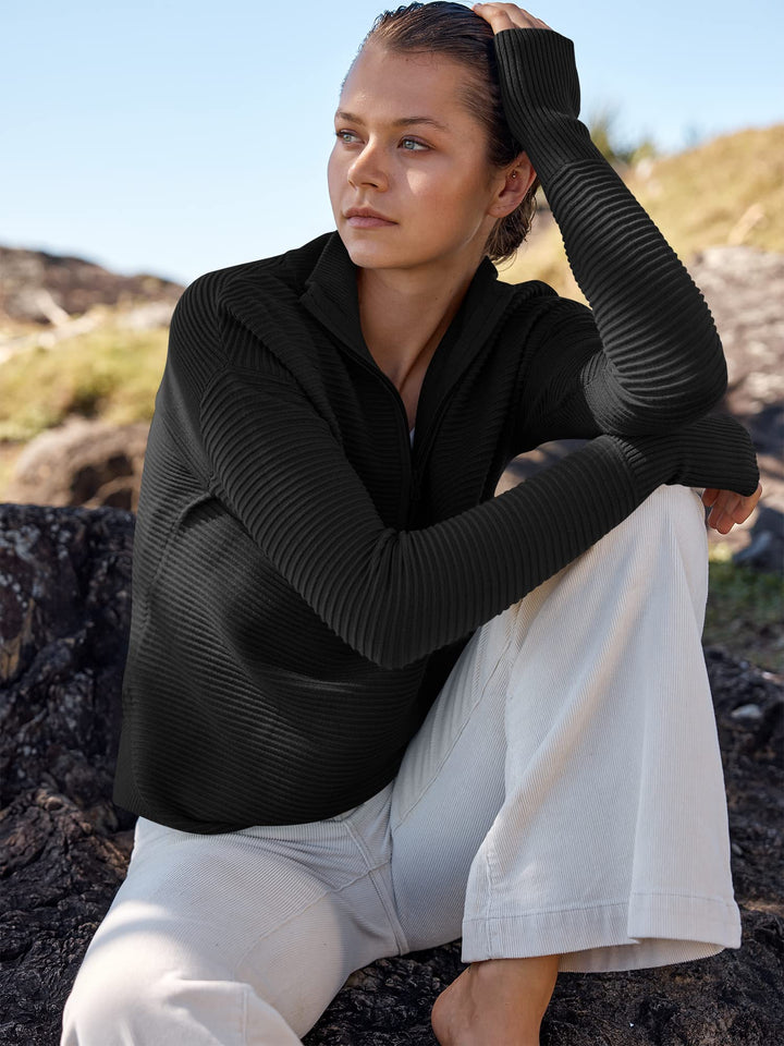 ANRABESS Women's Quarter Zip V-Neck Ribbed Sweater