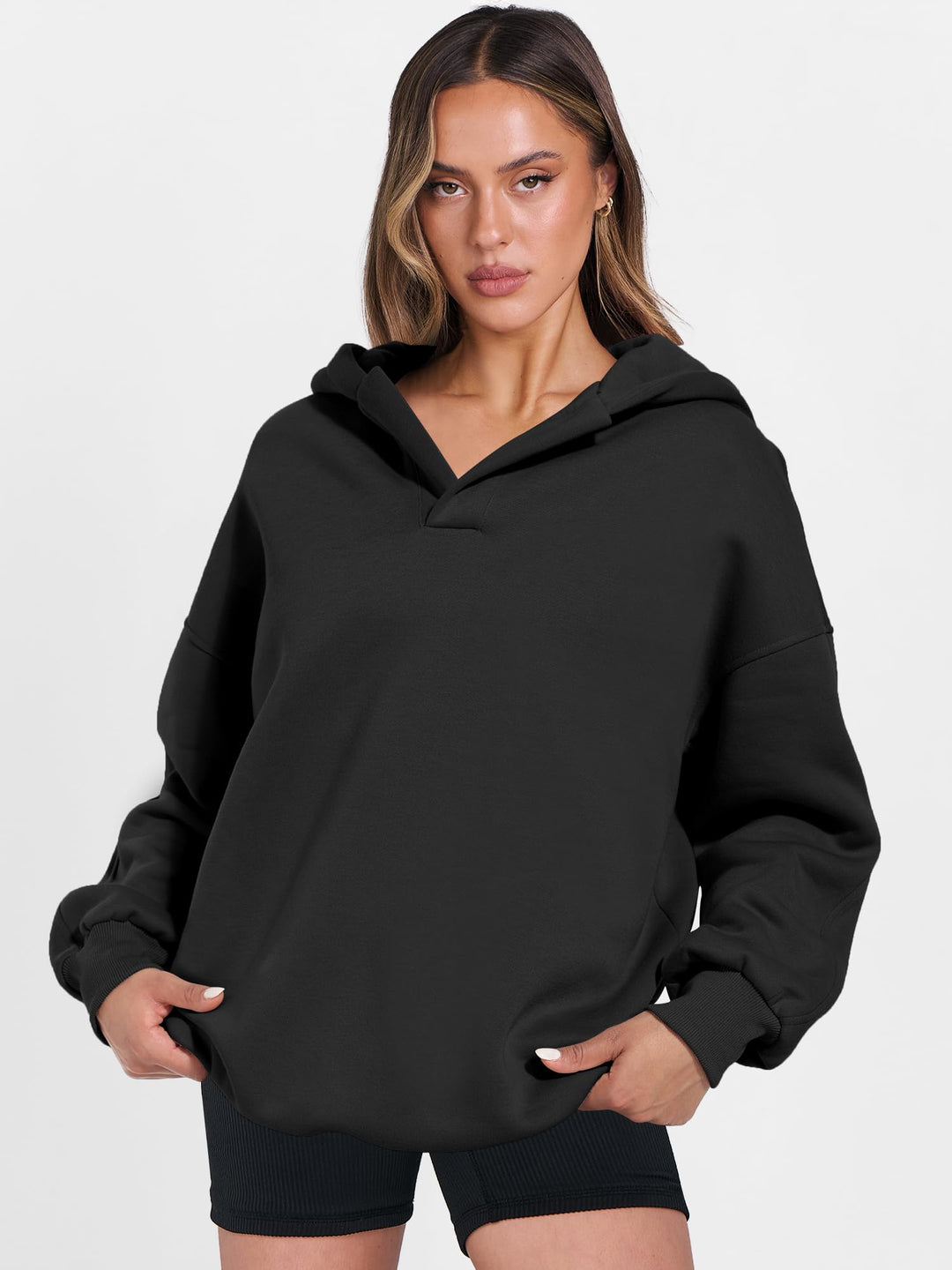 ANRABESS Women's Oversized V-Neck Fleece Hoodie