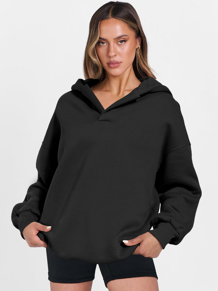 ANRABESS Women's Oversized V-Neck Fleece Hoodie