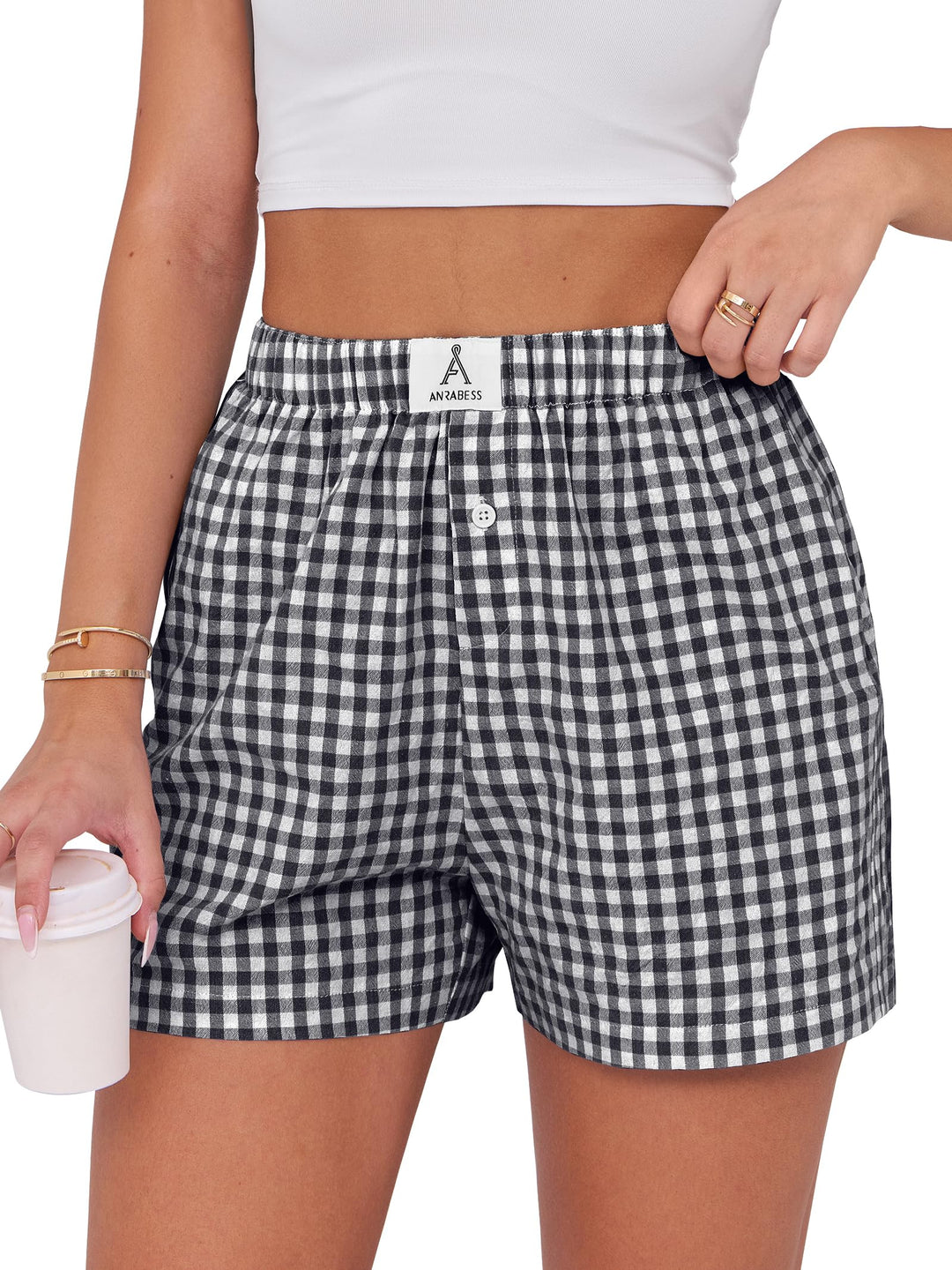 ANRABESS Womens Ruffle Boxer Shorts Gingham Elastic Waist Summer Casual Lounge Sleep Pajama Shorts Lightweight Loose Beach Bottoms with Pockets