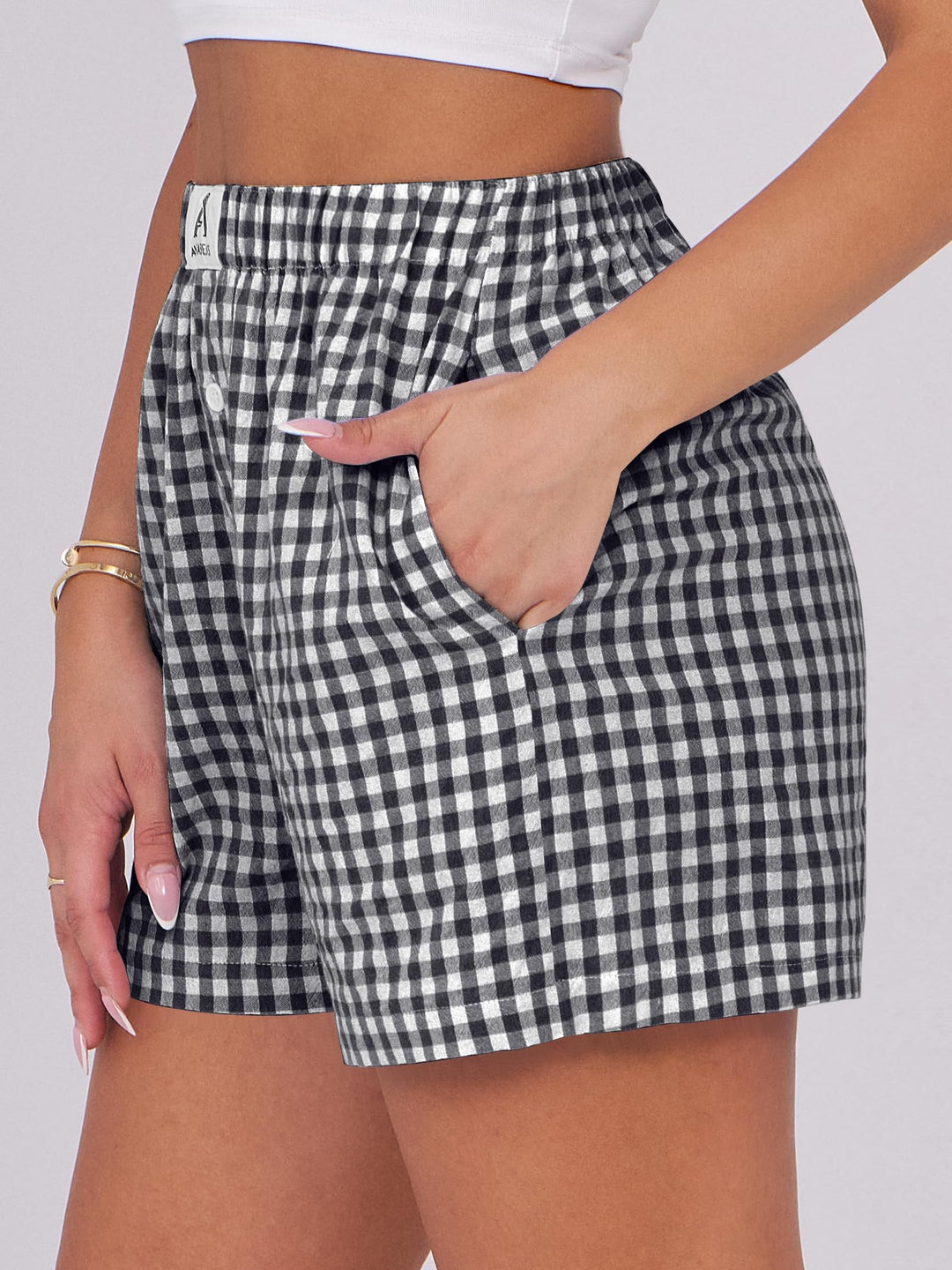 ANRABESS Womens Ruffle Boxer Shorts Gingham Elastic Waist Summer Casual Lounge Sleep Pajama Shorts Lightweight Loose Beach Bottoms with Pockets
