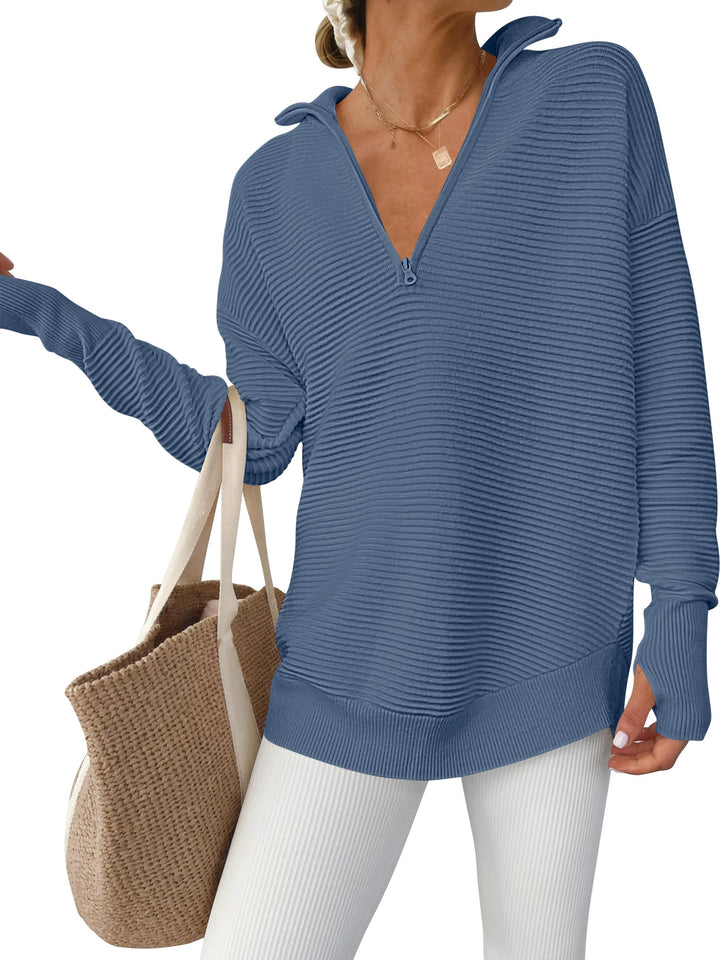 ANRABESS Women's Quarter Zip V-Neck Ribbed Sweater