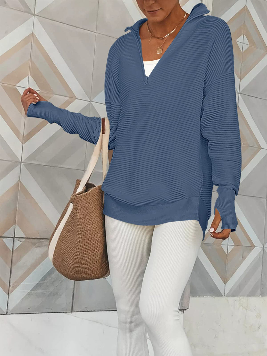 ANRABESS Women's Quarter Zip V-Neck Ribbed Sweater