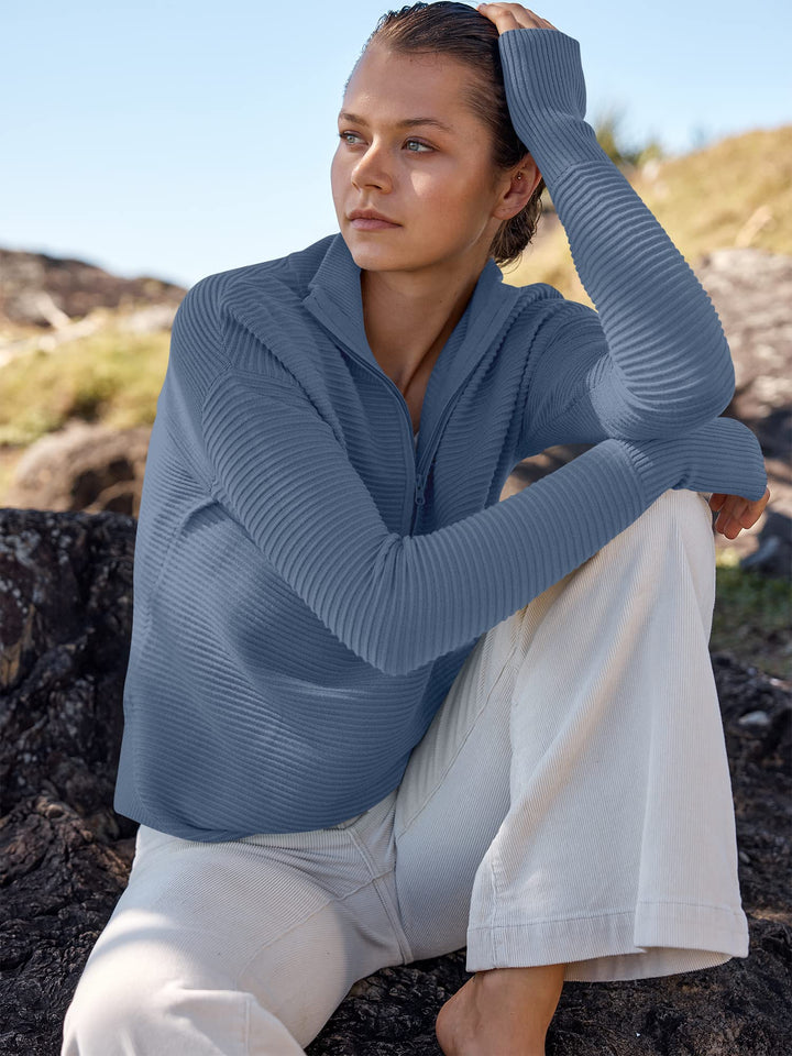 ANRABESS Women's Quarter Zip V-Neck Ribbed Sweater