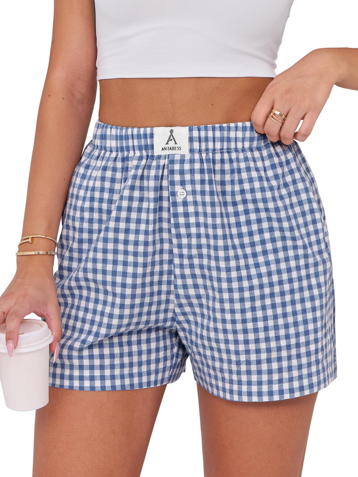 ANRABESS Womens Ruffle Boxer Shorts Gingham Elastic Waist Summer Casual Lounge Sleep Pajama Shorts Lightweight Loose Beach Bottoms with Pockets