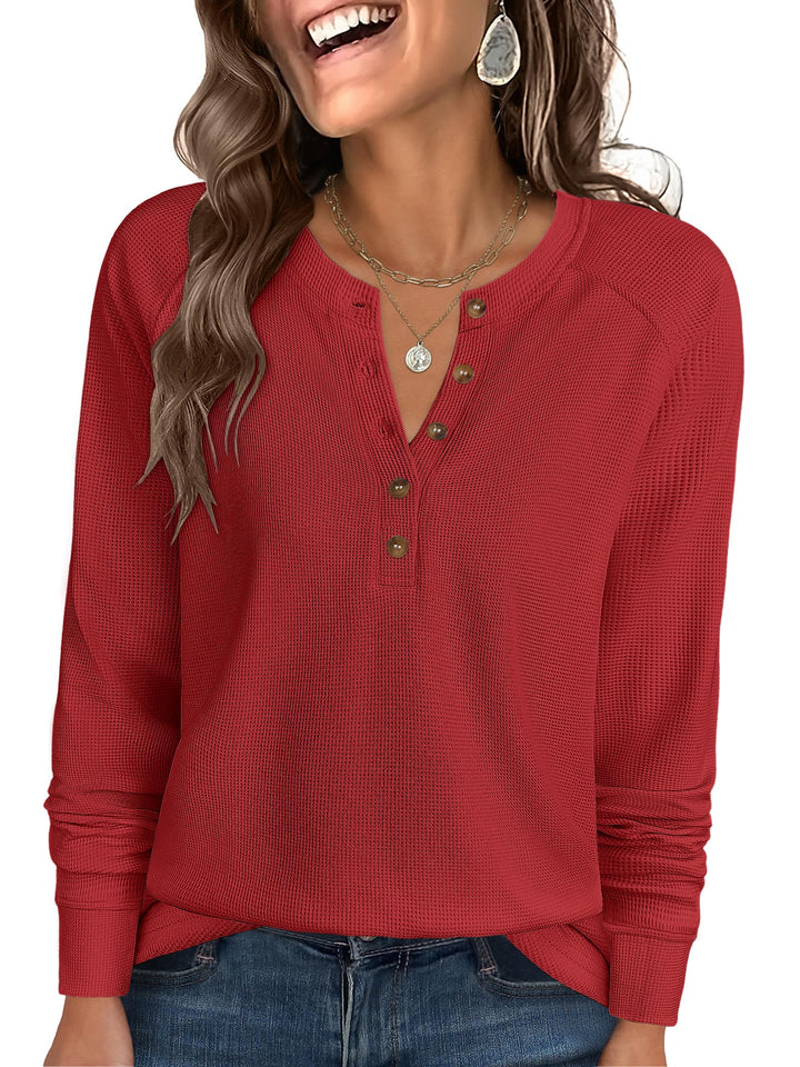 ANRABESS Long Sleeve Waffle Knit Shirts for Women Spring Fall Dressy Casual Button Up V Neck Henley Tops Loose Basic Tees Winter Clothes