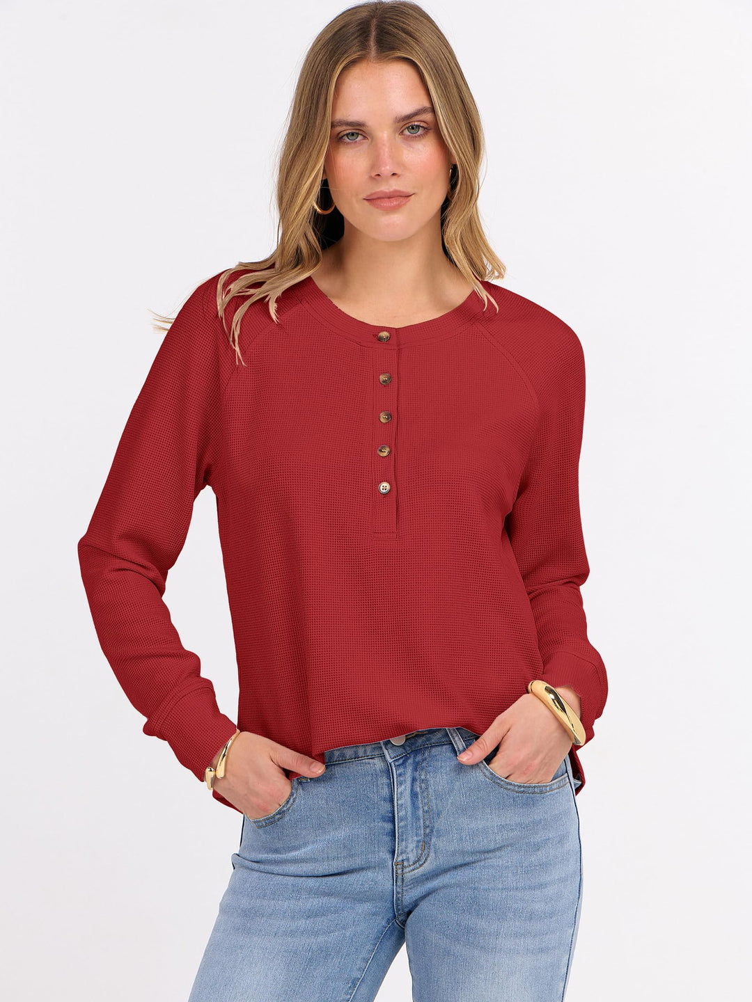 ANRABESS Long Sleeve Waffle Knit Shirts for Women Spring Fall Dressy Casual Button Up V Neck Henley Tops Loose Basic Tees Winter Clothes