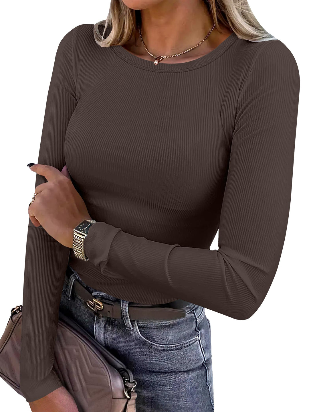 ANRABESS Long Sleeve Shirts for Women Ribbed Knit Slim Fit Basic Tops Crewneck Tees Spring Fall Casual Underscrubs Layer Clothes