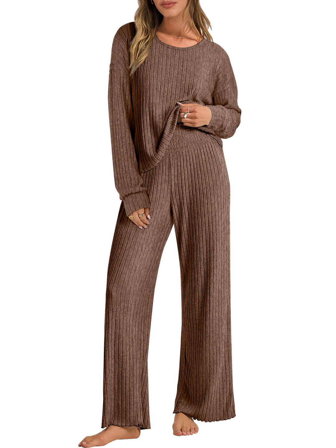 ANRABESS Women 2 Piece Lounge Pajamas Sets Casual Ribbed Knit Long Sleeve Top Pants Matching Set 2026 Fall Outfits Clothes