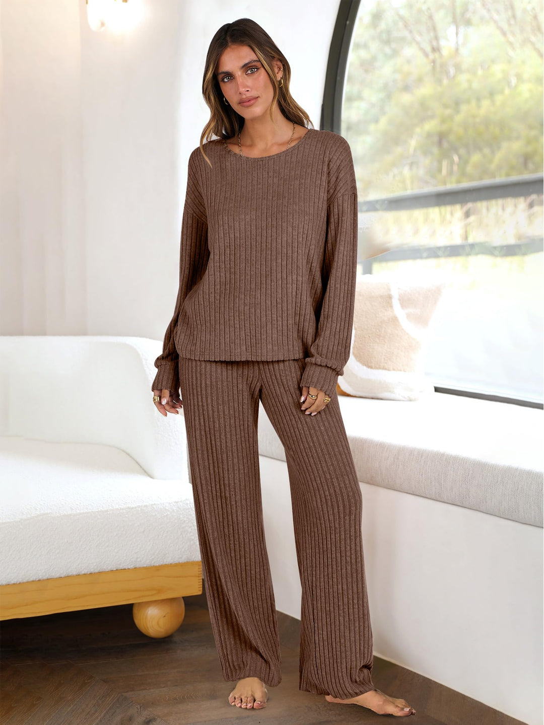 ANRABESS Women 2 Piece Lounge Pajamas Sets Casual Ribbed Knit Long Sleeve Top Pants Matching Set 2026 Fall Outfits Clothes