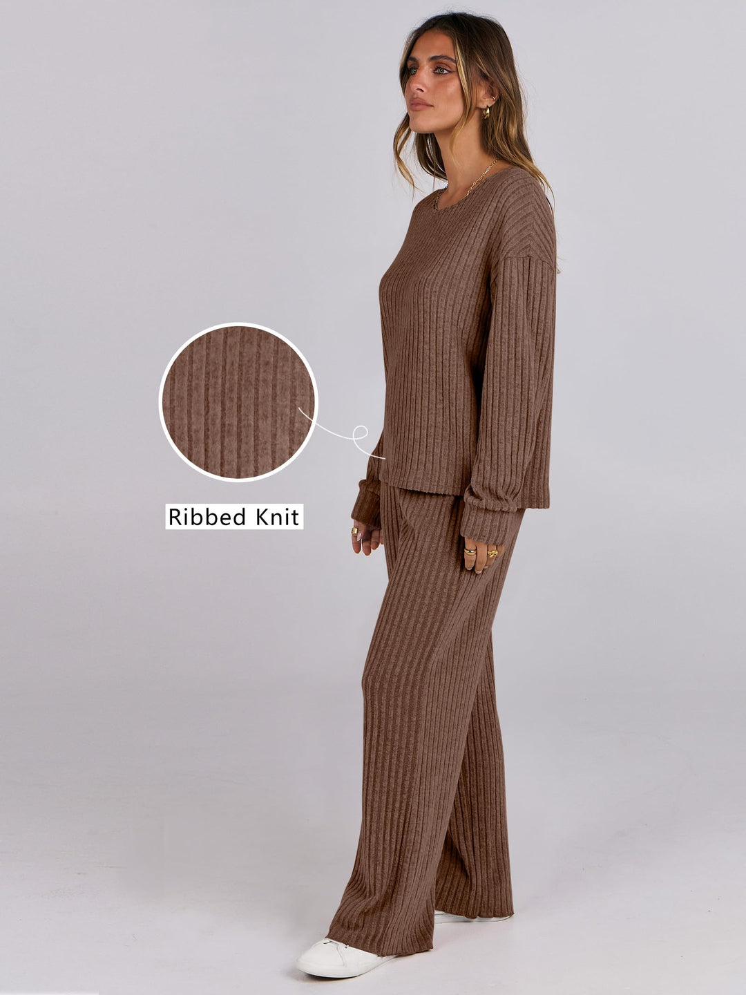 ANRABESS Women 2 Piece Lounge Pajamas Sets Casual Ribbed Knit Long Sleeve Top Pants Matching Set 2026 Fall Outfits Clothes