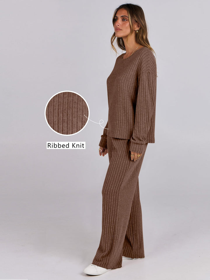 ANRABESS Women 2 Piece Lounge Pajamas Sets Casual Ribbed Knit Long Sleeve Top Pants Matching Set 2026 Fall Outfits Clothes