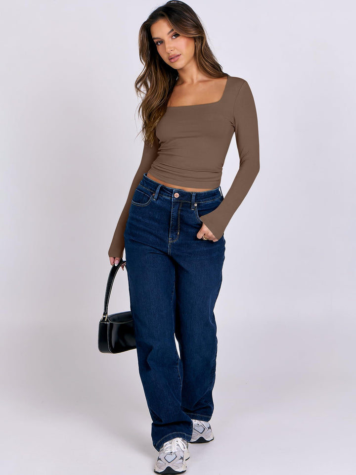 ANRABESS Women's Double Lined Square Neck Crop Top