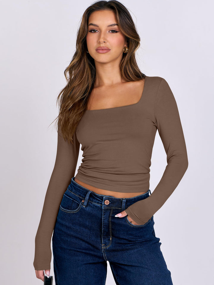 ANRABESS Women's Double Lined Square Neck Crop Top