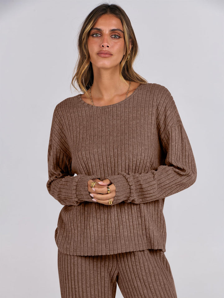 ANRABESS Women 2 Piece Lounge Pajamas Sets Casual Ribbed Knit Long Sleeve Top Pants Matching Set 2026 Fall Outfits Clothes